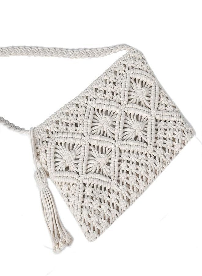 PARAH Women Macrame Shoulder Bag, Knitting Handmade Weaving Handbag, Simple Hollow Beach Bag,White - Size: Width 25 cm x Length 20 cm Off White COLOR - Image 5